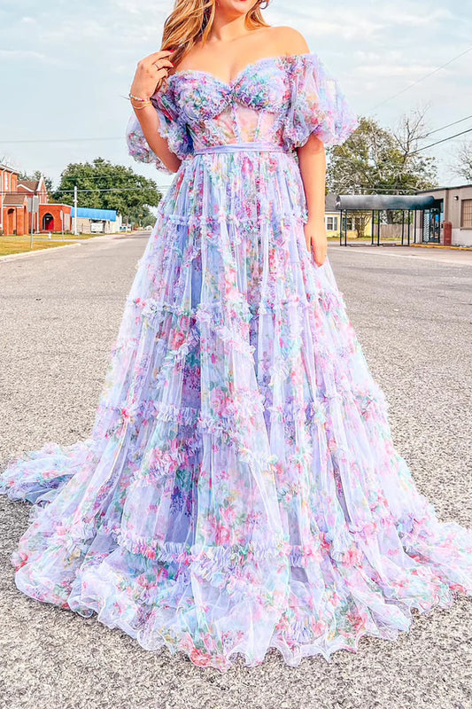 Floral Tulle A-Line Off-the-Shoulder Prom Dress