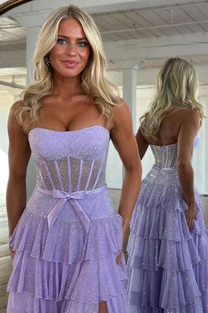 A-Line Strapless Lilac Ruffle Tiered Beaded Long Prom Dresses with Slit LD16012709