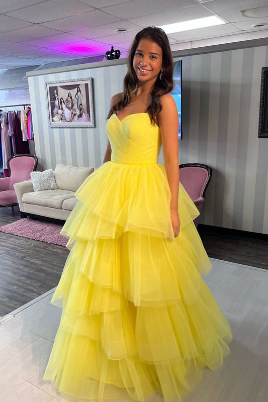 Sunny | Strapless Yellow Tulle Tiered Ball Gown Prom Dress