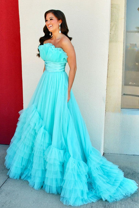 Cute Ball Gown Strapless Ruffle Tiered Tulle Prom Dresses LD062594