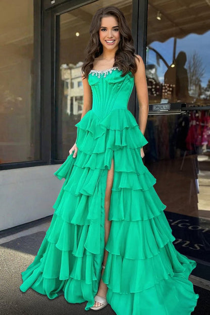 Charming A-Line Strapless Green Chiffon Tiered Long Prom Dresses with Slit LD16010602