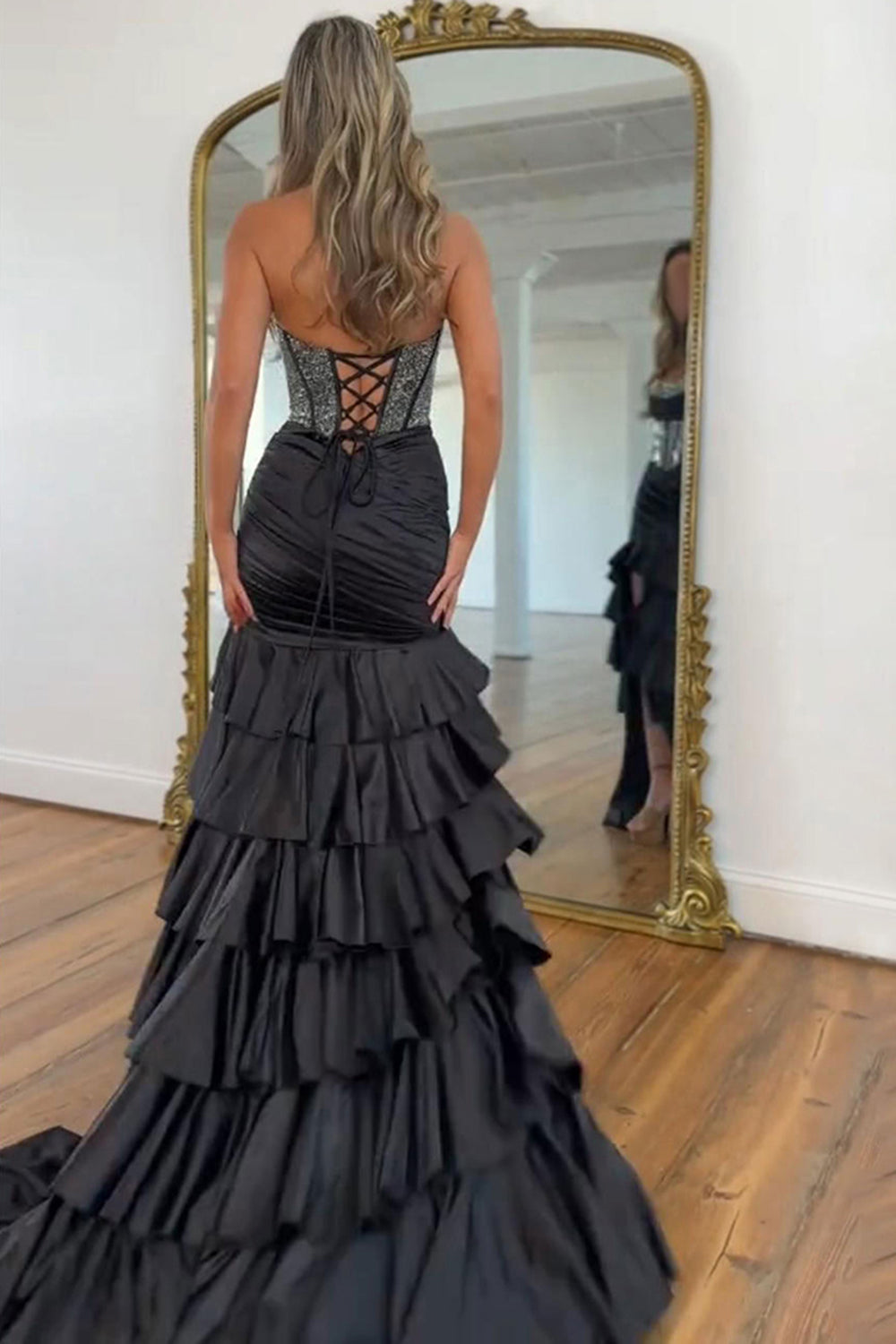 Black Mermaid Halter Satin Tiered Corset Beaded Prom Dress with Slit LD16011601