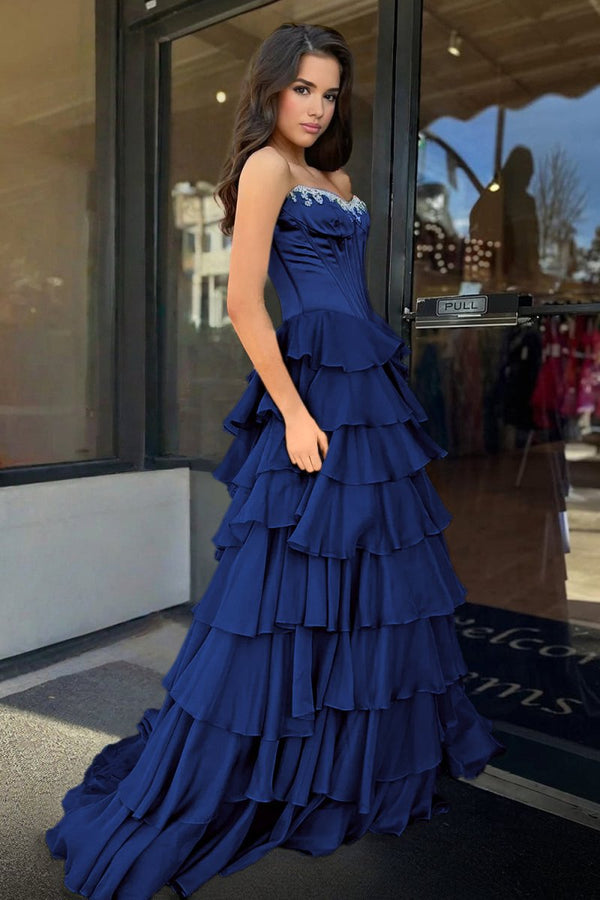 Charming A-Line Strapless Green Chiffon Tiered Long Prom Dresses with Slit  LD16010602