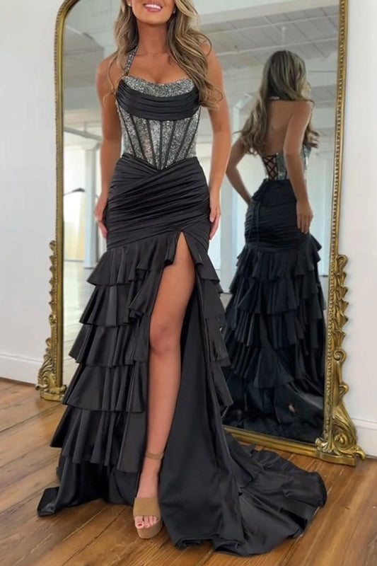 Black Mermaid Halter Satin Tiered Corset Beaded Prom Dress with Slit LD16011601