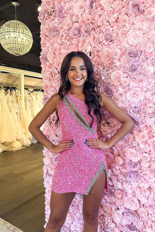 Cute Bodycon Cutout One Shoulder Pink Sequins Homecoming Dress with Beaded LD072402