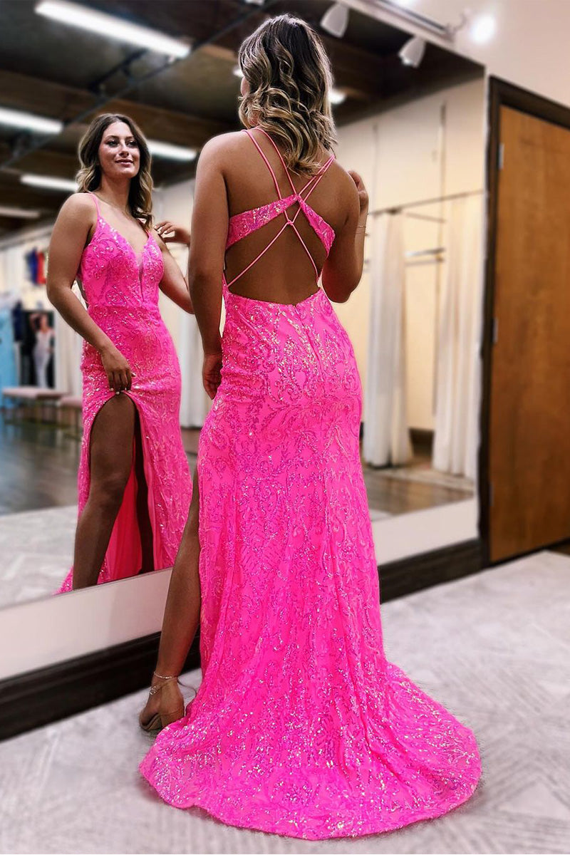 Charming Mermaid V Neck Pink Sequins Prom Dresses with Slit LD062552