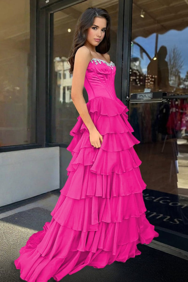 Charming A-Line Strapless Green Chiffon Tiered Long Prom Dresses with Slit LD16010602