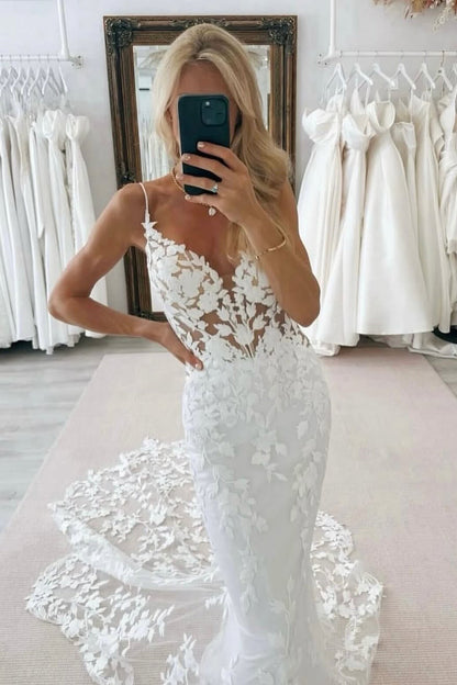 Mermaid V Neck Tulle Lace Appliques Wedding Dresses with Train LD26012608