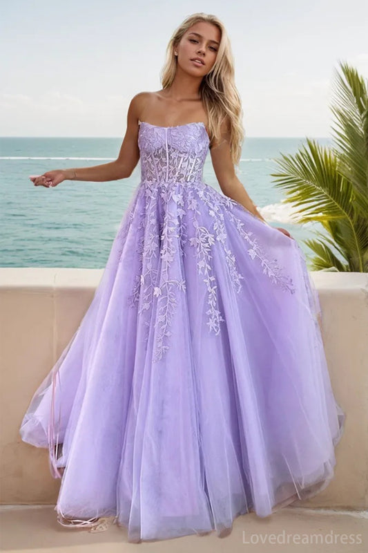 Elegant A line Strapiess Tulle Prom Dress with Lace and Tiered lD102311