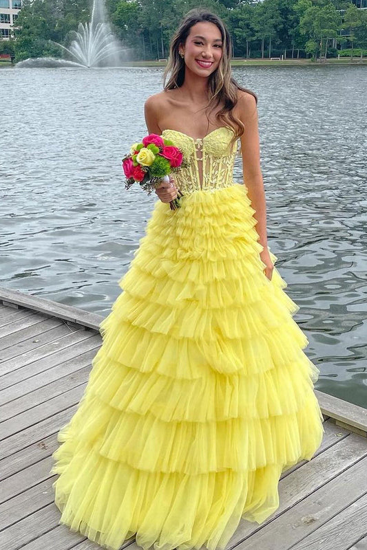 Fairy A-Line Sweetheart Yellow Tiered Tulle Long Prom Dresses LD062591