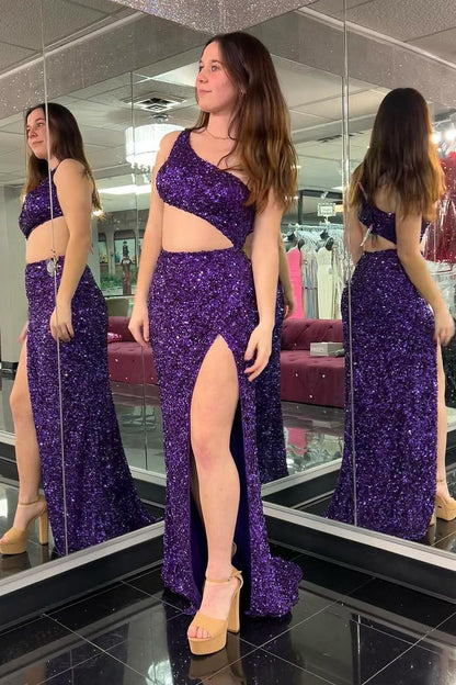 Sequins Mermaid One Shoulder Cutout Purple Prom Dress with Slit LD062571