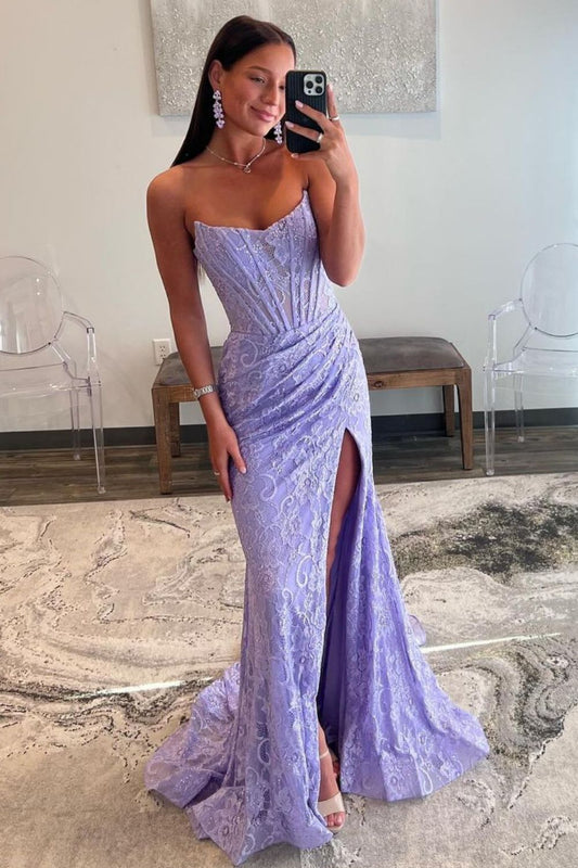 Charming Lilac Mermaid Scoop Neck Lace Prom Dresses With Slit LD062560