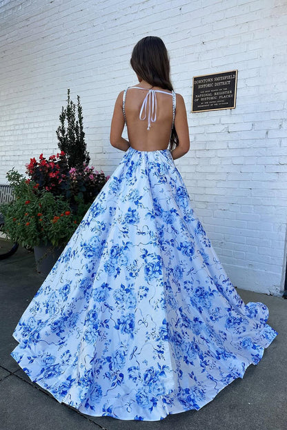 A-Line Square Neck Blue Floral Printed Satin Long Prom Dresses with Pearls LD16012001