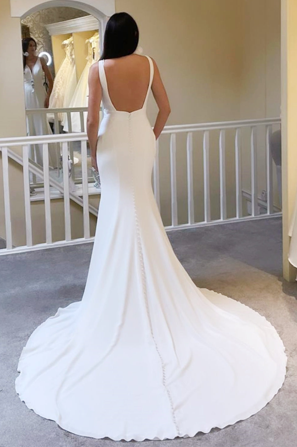 Ivory Plunge V-Neck Mermaid Wedding Dress with Open Back