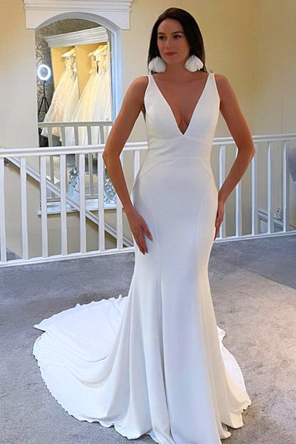 Ivory Plunge V-Neck Mermaid Wedding Dress with Open Back