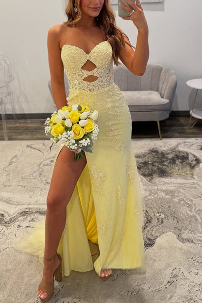 Gorgeous Mermaid Strapless Yellow Keyhold Prom Dresses with Slit LD16011402