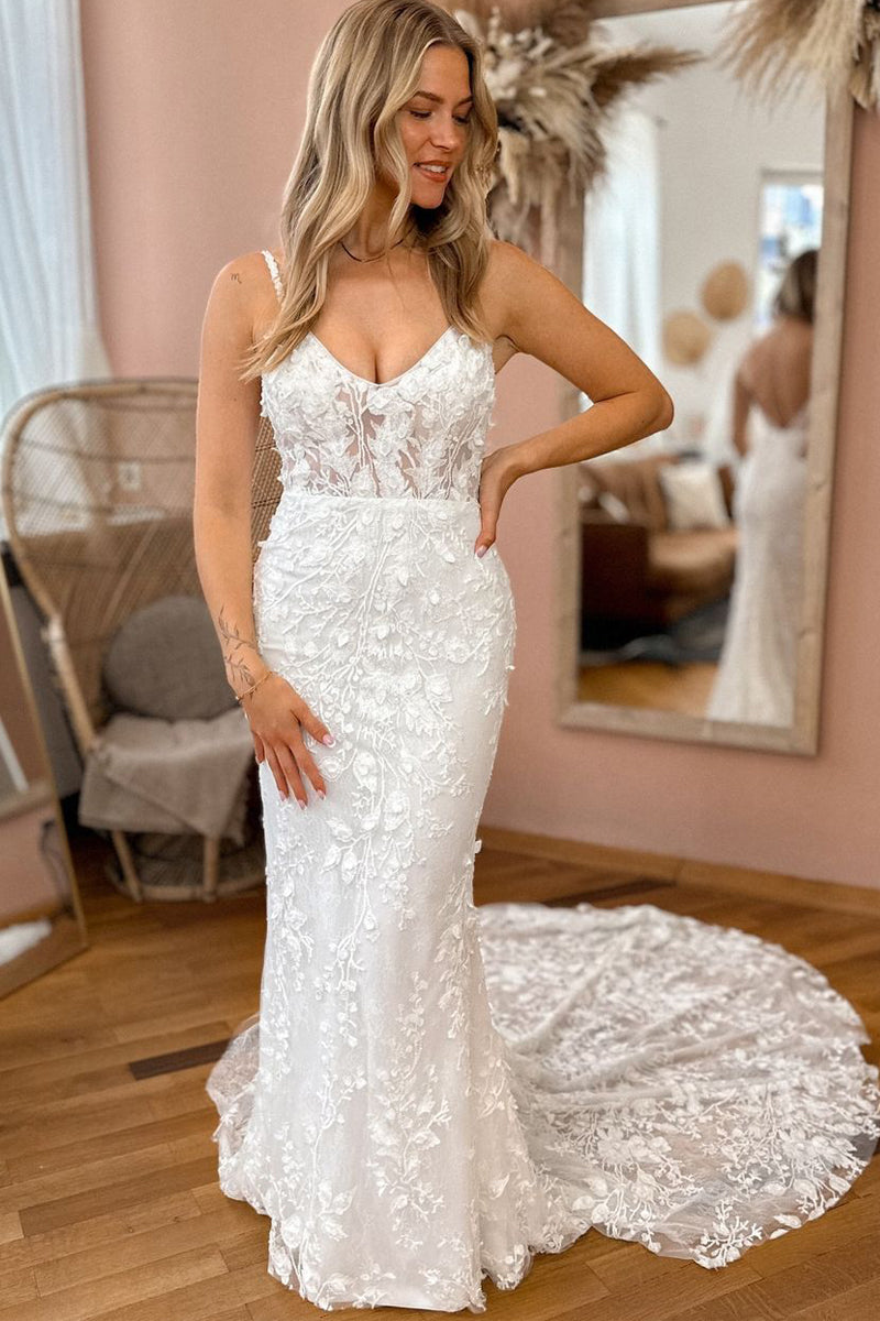 Gorgeous Mermaid V Neck Lace Wedding Dresses LD070604