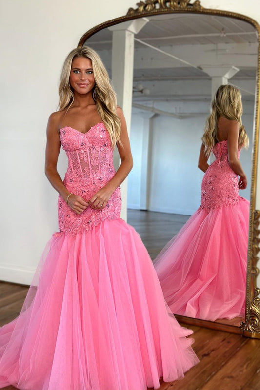 Charming Mermaid Strapless Coral Pink Prom Dress with Appliques LD062543