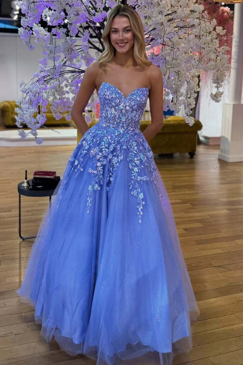 Lavender A-Line Strapless Tulle Appliques Long Prom Dresses LD16012401
