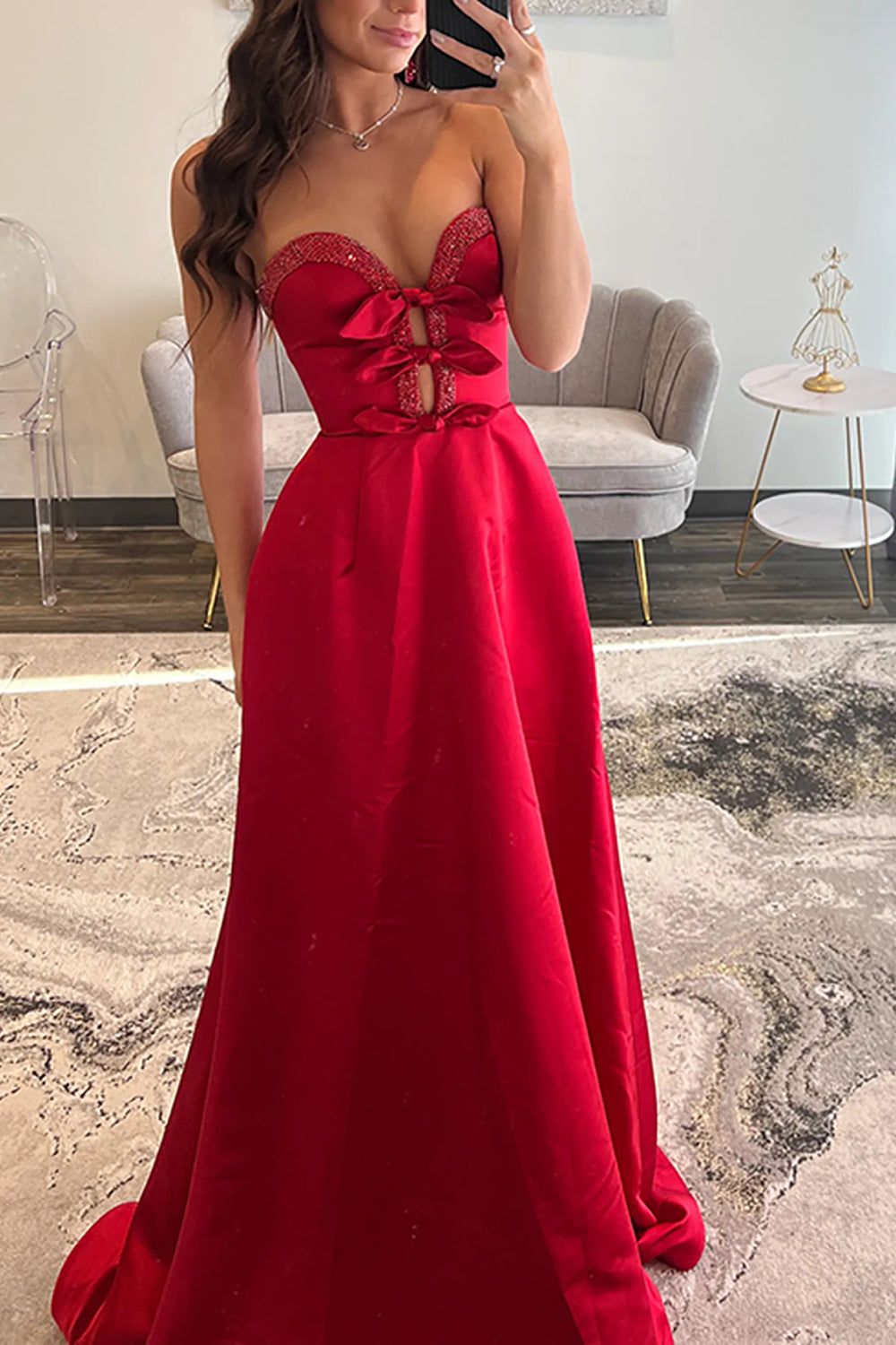 A-Line Sweetheart Keyholes Red Satin Long Prom Dresses with Pockets LD16010503