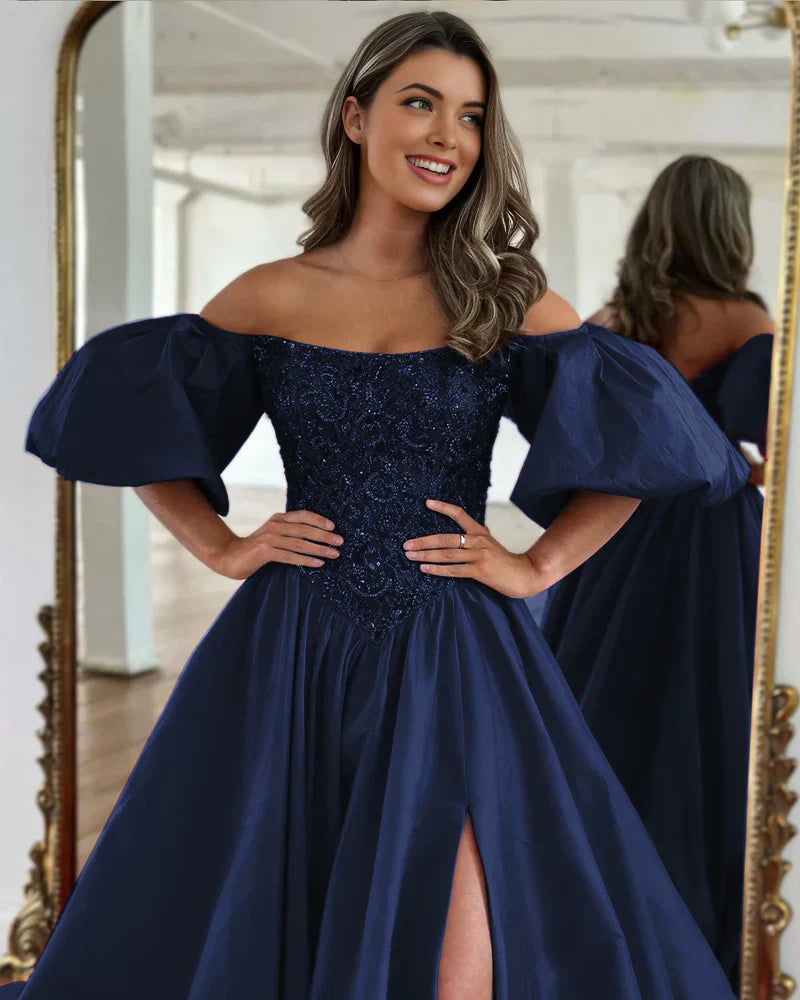 Liana | Off-the-Shoulder A-Line Taffeta Prom Dress with Puffy Short Sleeves