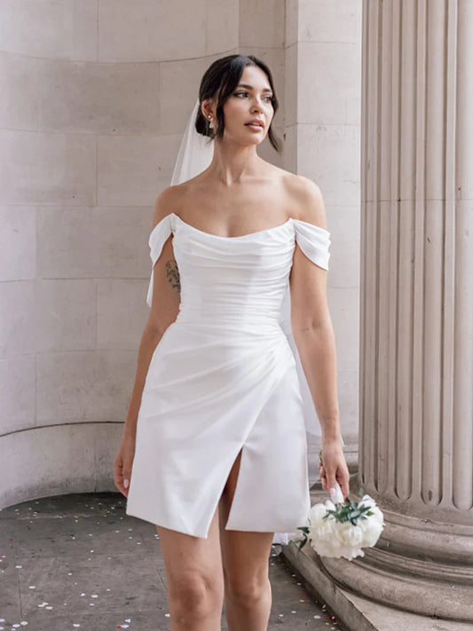 Sophisticated Off-the-Shoulder Satin Wedding Dress with Cowl Neck, Short Length, and Side Slit ld101019