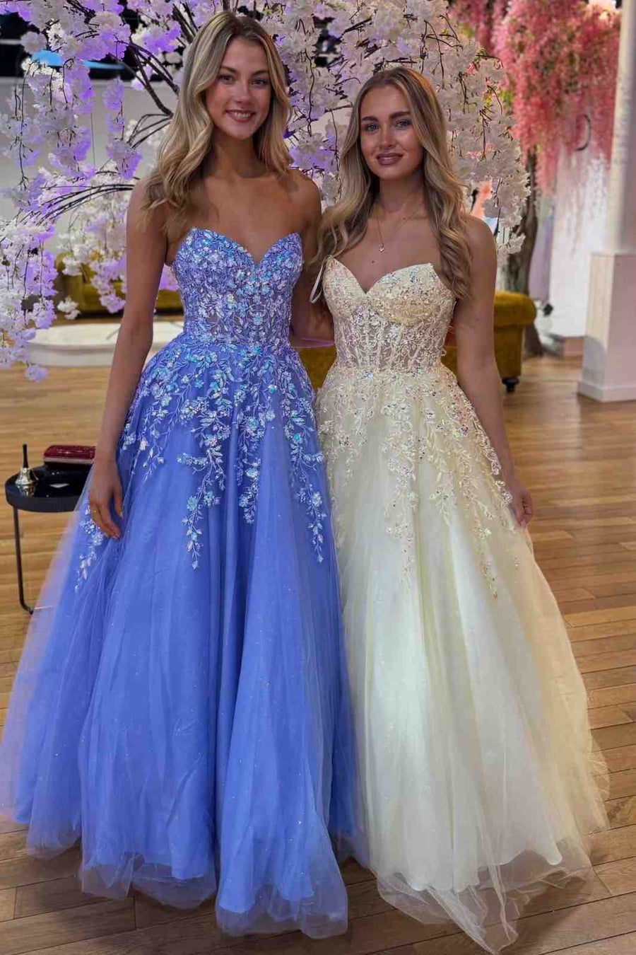 Lavender A-Line Strapless Tulle Appliques Long Prom Dresses LD16012401
