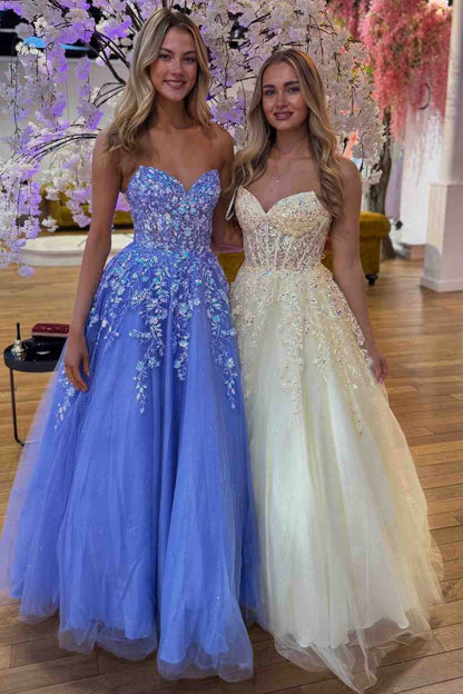 Lavender A-Line Strapless Tulle Appliques Long Prom Dresses LD16012401