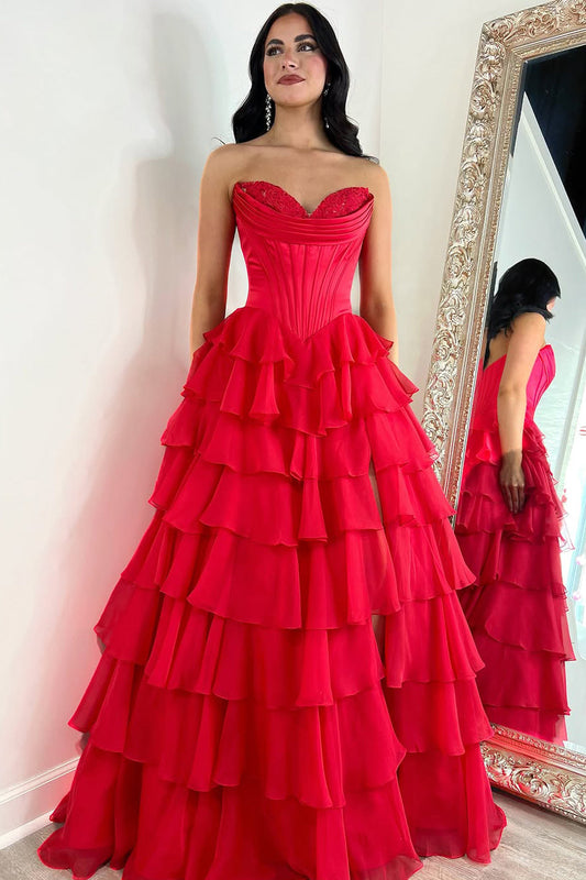 Cute A-Line Sweetheart Red Chiffon Prom Dress with Tiered Skirt and Slit