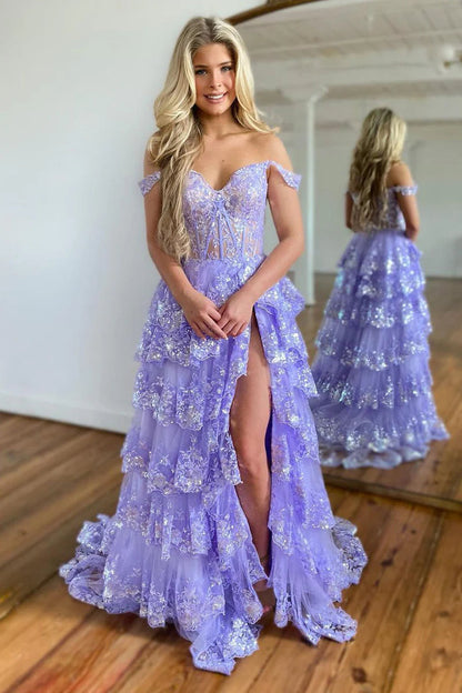 Fashionable Light Blue Off-the-Shoulder Ball Gown Prom Dress with Tiered Skirt and Slit