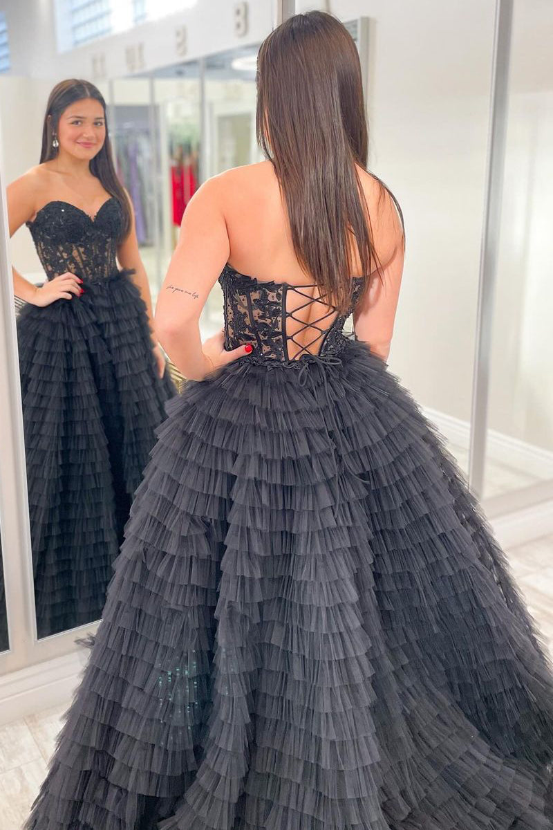 Cute Strapless Black Ruffle Tiered Tulle Prom Dresses with Appliques LD062555