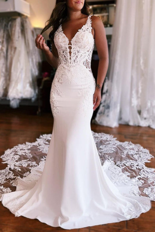 Charming Mermaid V Neck Elastic Satin Lace Wedding Dresses LD062513