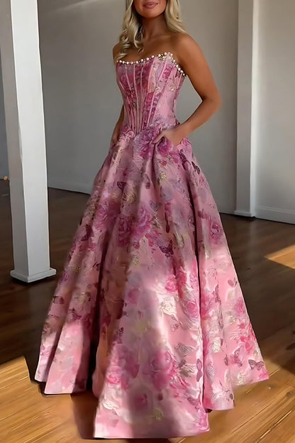 Cute A-Line Strapless Jacquard Satin Purple Flower Long Prom Dresses with Bow LD26011903