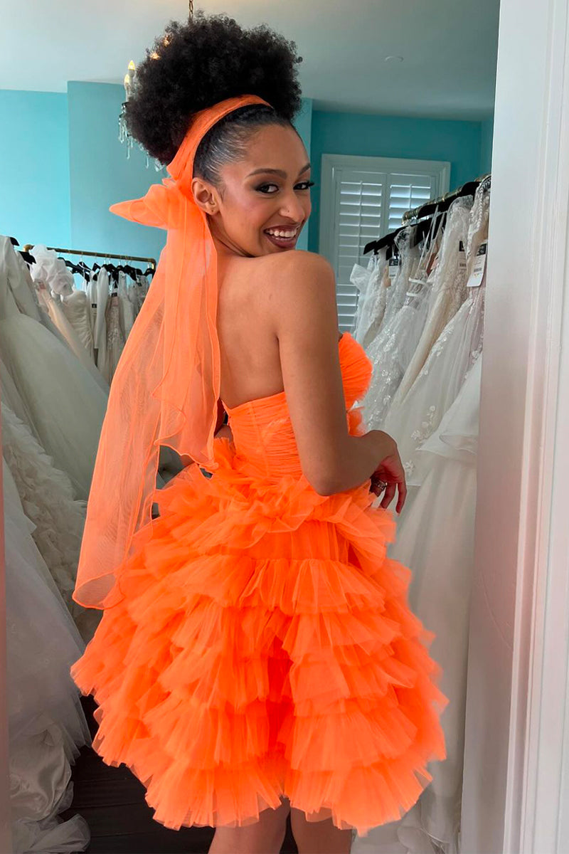 Cute A-Line Sweetheart Orange Ruffle Tulle Short Homecoming Dresses LD062501