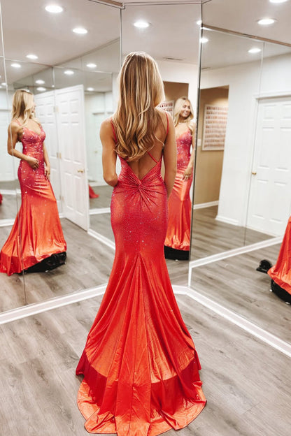 Mermaid V Neck Orange Satin Long Prom Dresses with Slit LD16012003