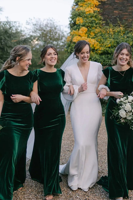 Sheath Scoop Neck Velvet Dark Green Long Bridesmaid Dress LD070802