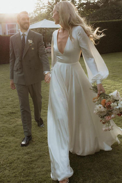 A-Line Satin Wedding Dress with Long Sleeves and V-Neck Design Lovedreamdress A-Line Satin Wedding Dress with Long Sleeves and V-Neck Design Lovedreamdress
