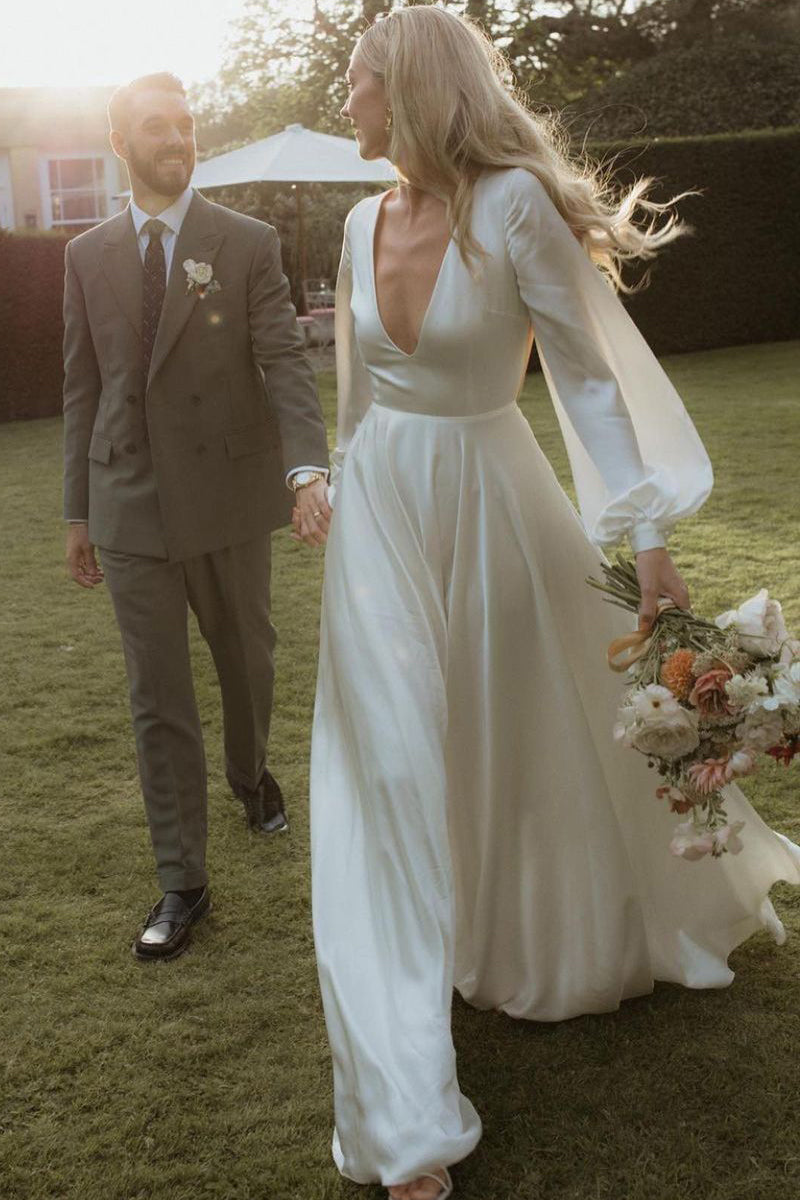 A-Line Satin Wedding Dress with Long Sleeves and V-Neck Design