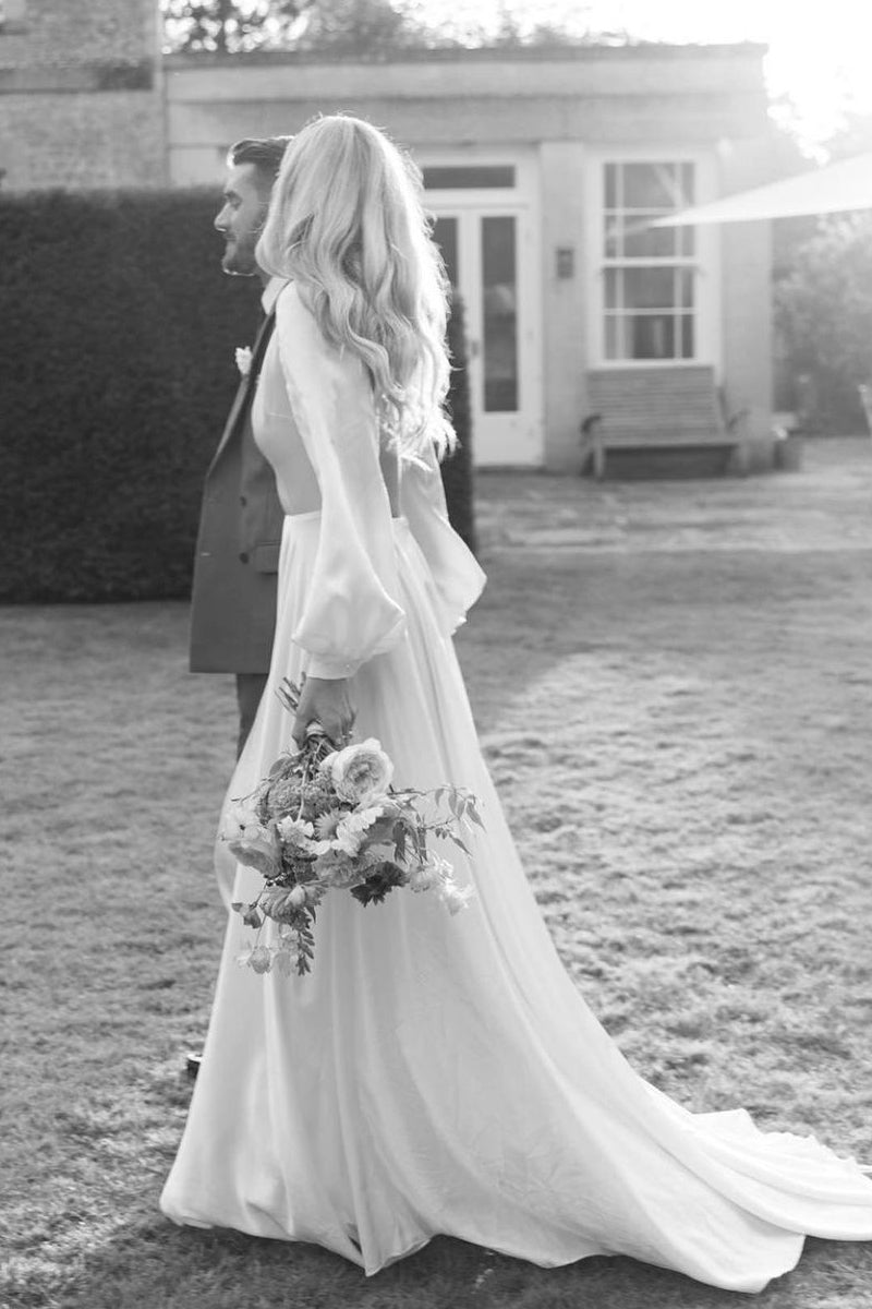 A-Line Satin Wedding Dress with Long Sleeves and V-Neck Design