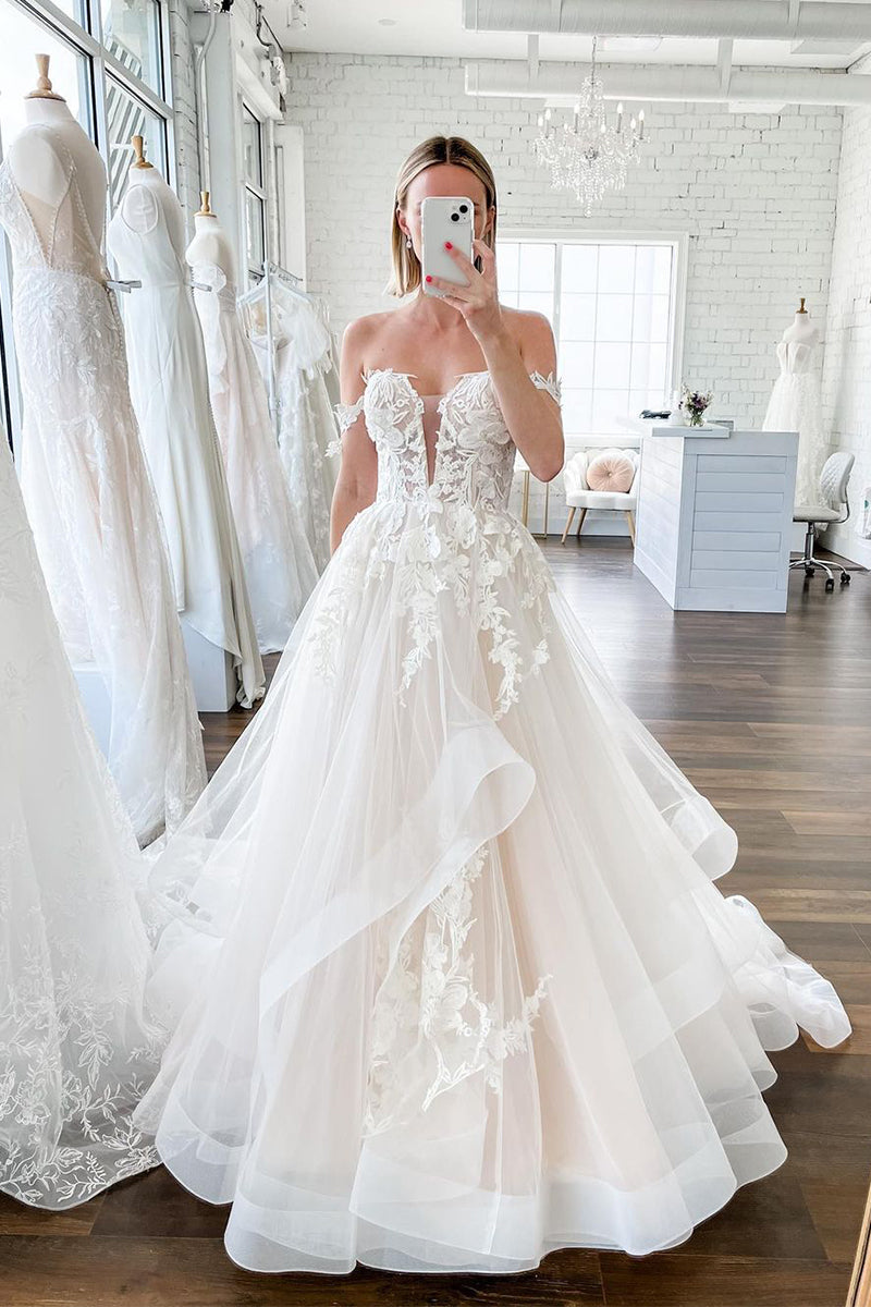 Ball Gown Off the Shoulder Ruffled Tulle Wedding Dresses with Lace LD062550