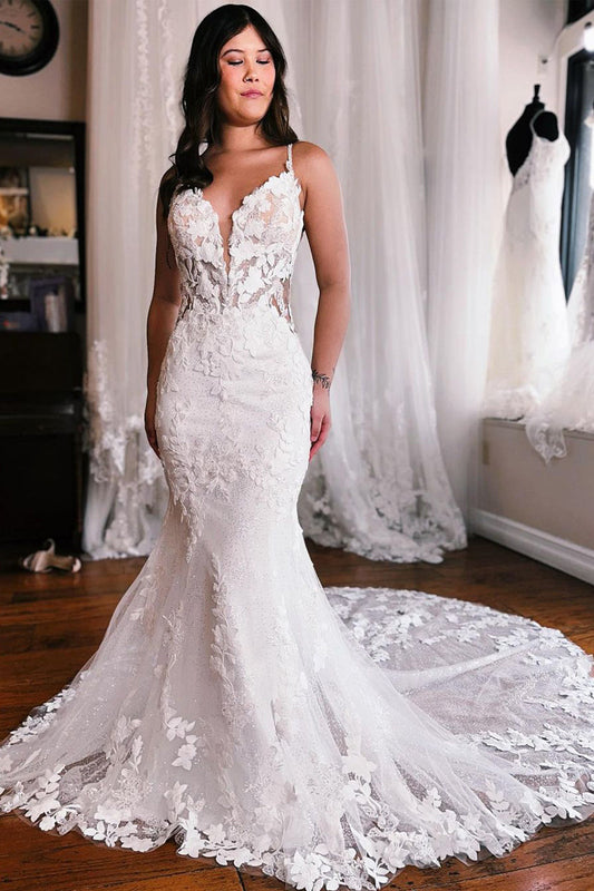 Gorgeous Mermaid V Neck Lace Wedding Dresses with Appliques LD062549