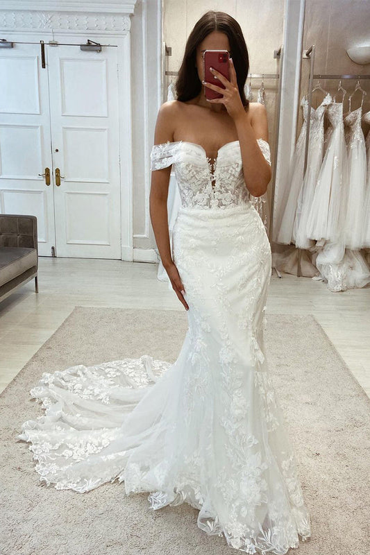 Charming Mermaid Off the Shoulder Lace Wedding Dresses with Appliques LD062548