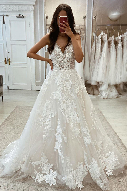 Elegant Ball Gown V Neck Wedding Dresses with Appliques LD062540