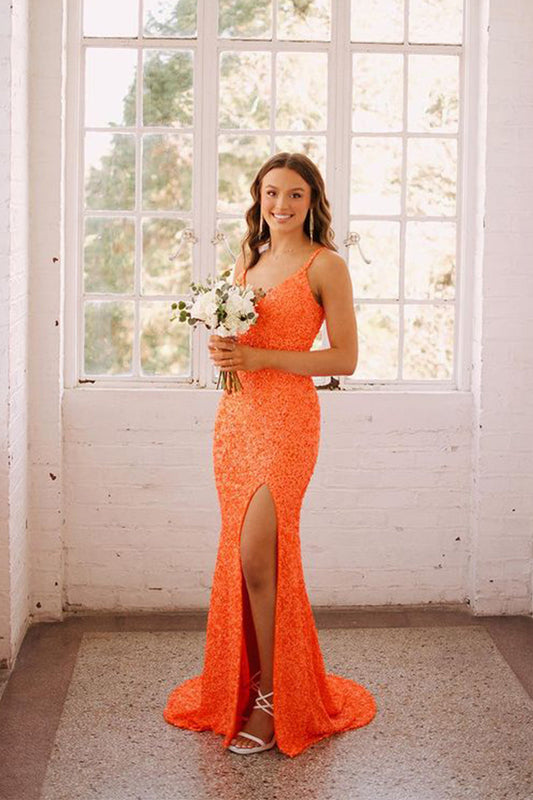 Cute Mermaid V Neck Orange Sequins Prom Dresses with Slit LD070307