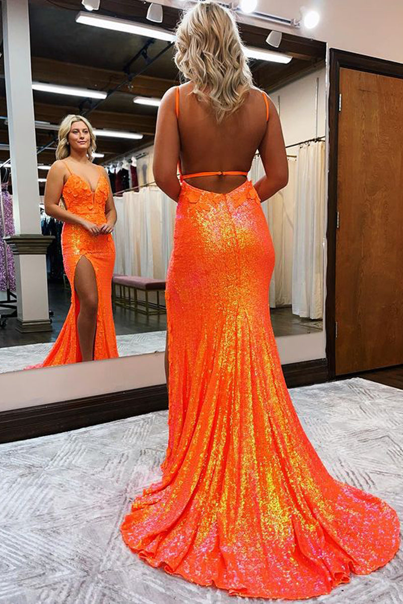 Charming Mermaid V Neck Orange Sequins Long Prom Dresses with Appliques LD063003