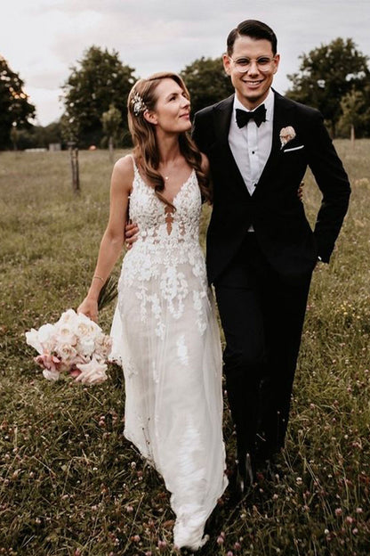 Bohemian A Line V Neck Tulle Wedding Dresses with Appliques LD062809