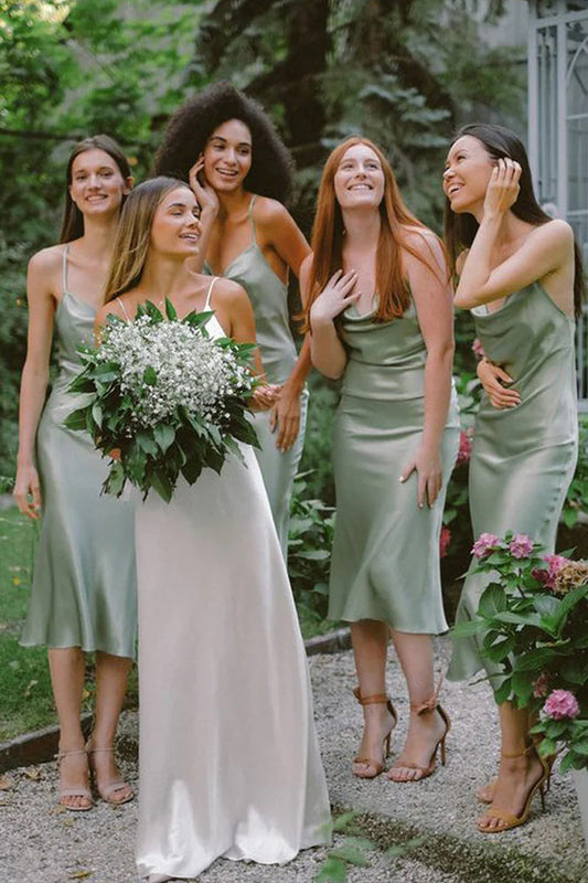 Sheath Cowl Neck Sage Green Silk Satin Bridesmaid Dresses LD062535