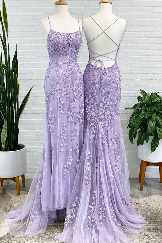 Charming Mermaid Scoop Neck Lavender Lace Prom Dresses with Beading LD062912