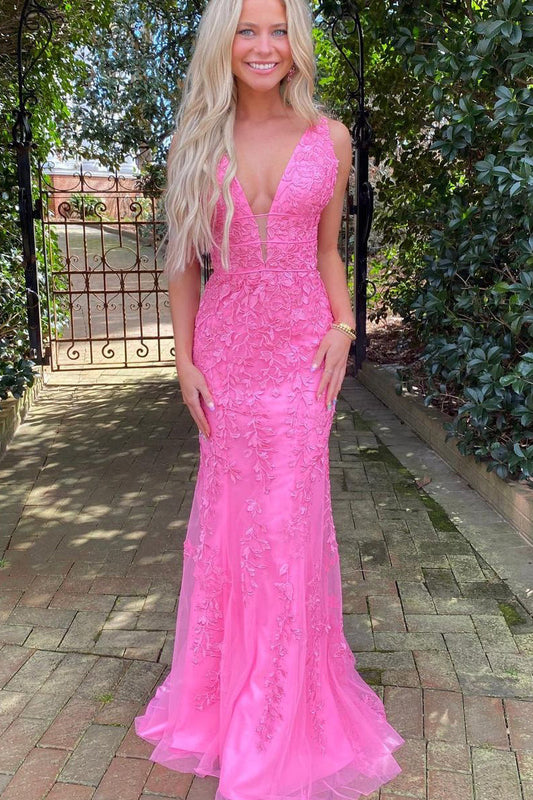 Cute Mermaid V Neck Pink Lace Long Prom Dresses with Appliques LD062910