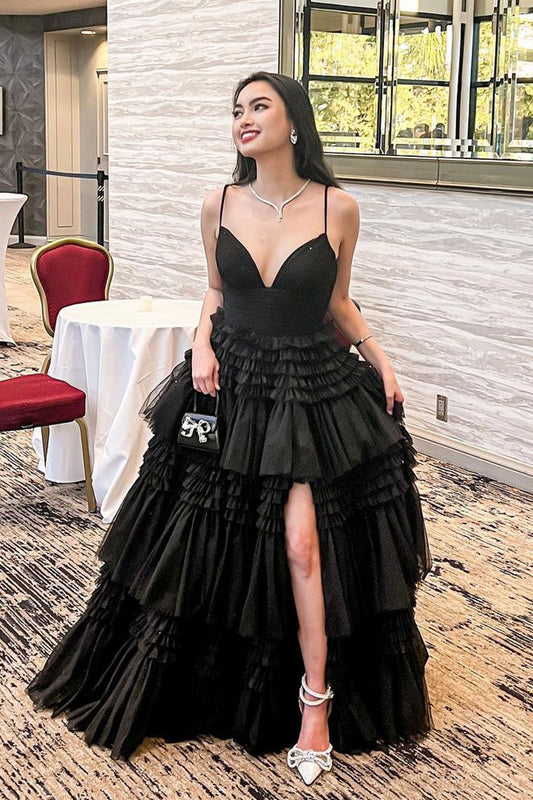 Cute A Line V Neck Black Tulle Long Prom Dresses with Slit LD062908